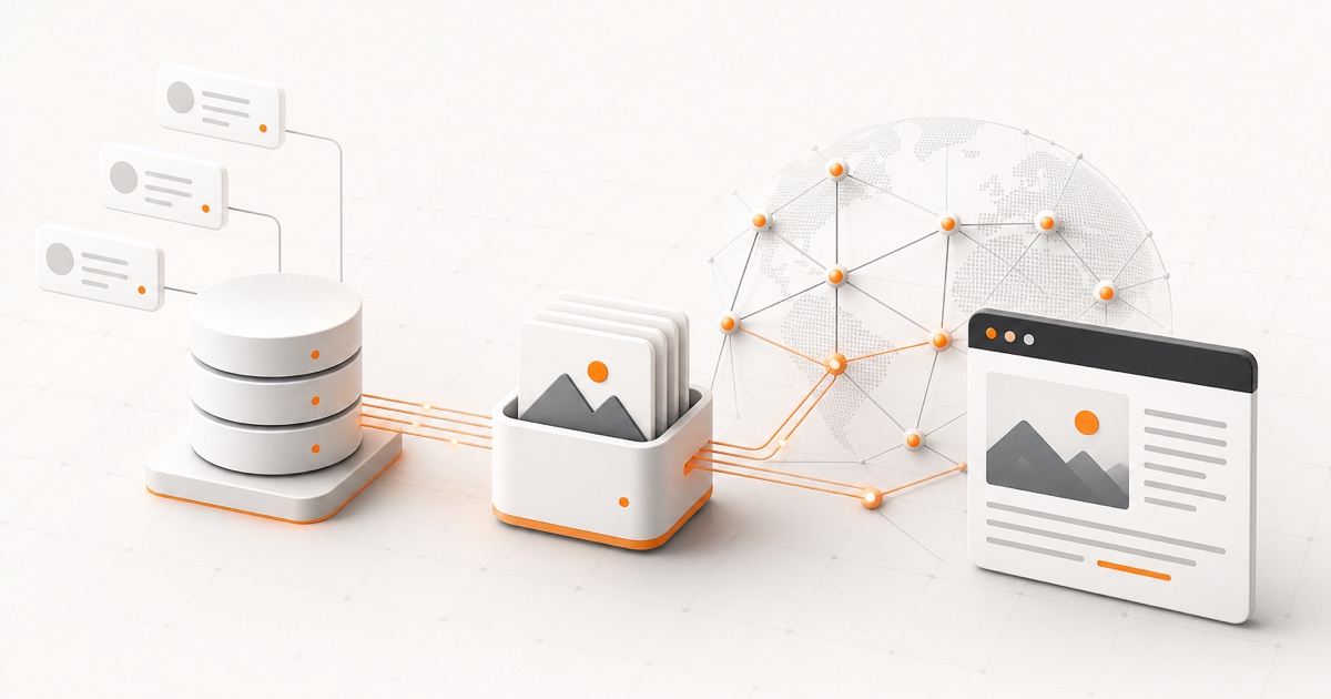 Abstract edge publishing architecture connecting structured data, media storage, and a global website